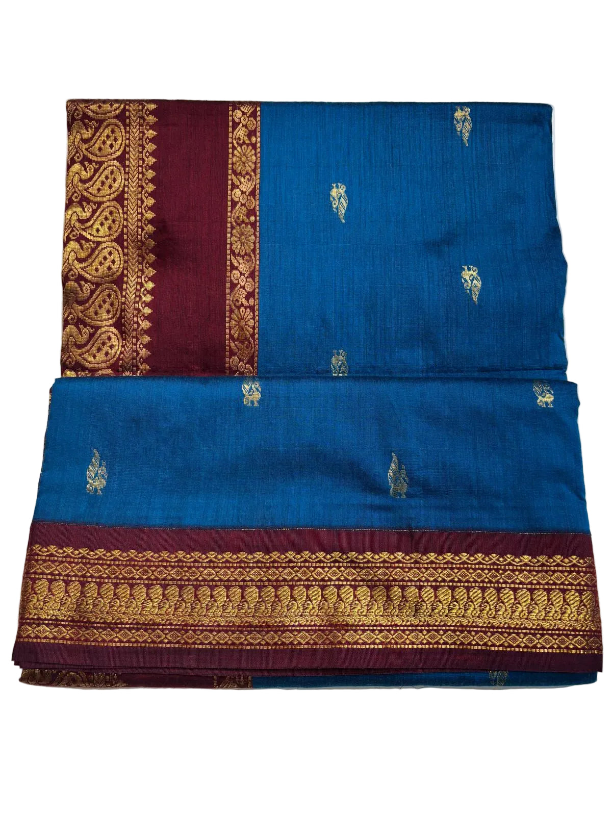 Electric Blue Silk cotton Saree with Peacock Motif Maroon Border