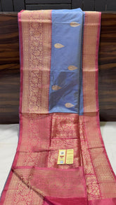 Faded Blue Banaras Katan Saree with Terracotta Red Border
