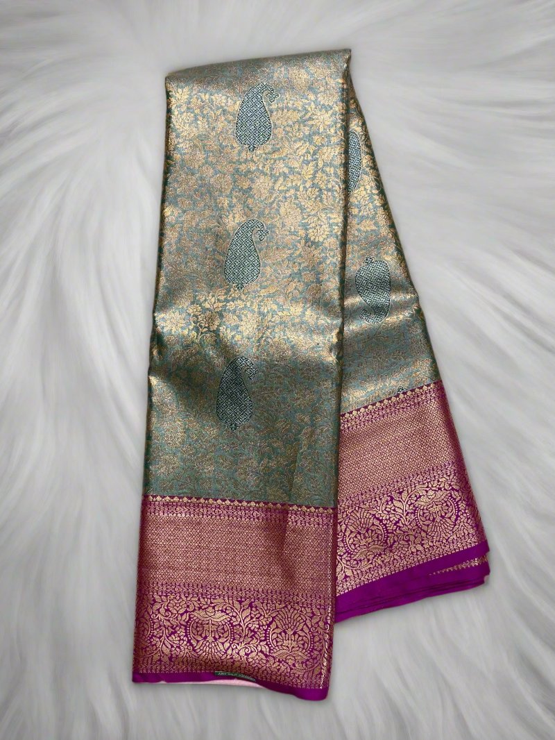 Pastel green Tissue semi Silk Saree with Kanchi Magenta Border - MIRASILKS Pastel green Tissue semi Silk Saree with Kanchi Magenta Border