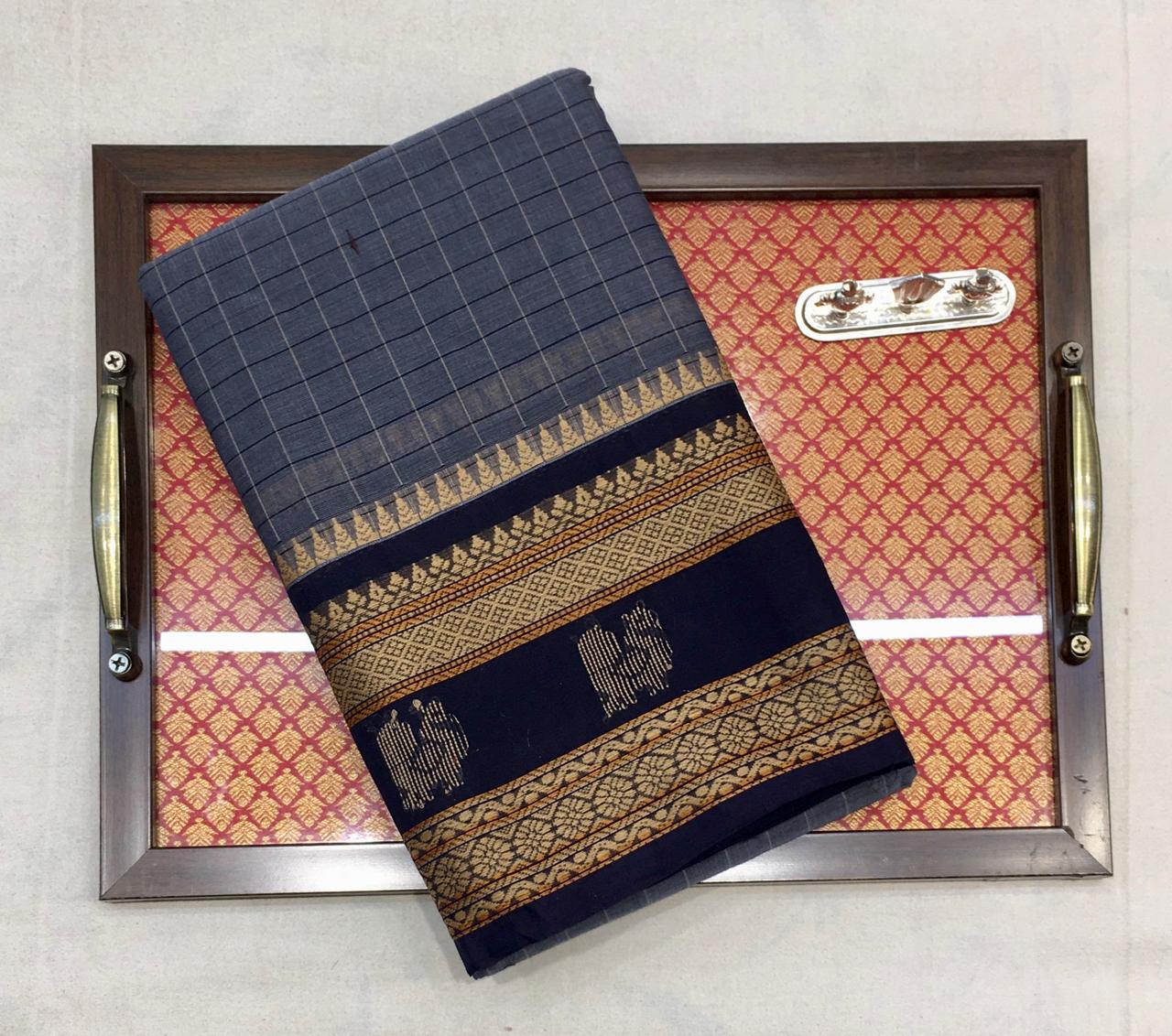 Grey Korvai Cotton Saree With Navy Blue Border - MIRASILKS Grey Korvai Cotton Saree With Navy Blue Border