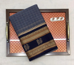 Grey Korvai Cotton Saree With Navy Blue Border - MIRASILKS Grey Korvai Cotton Saree With Navy Blue Border