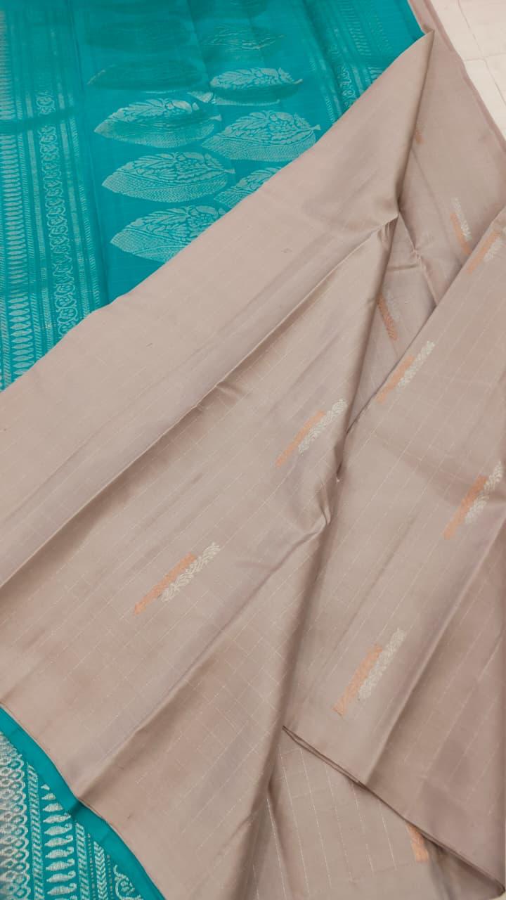 Heathered Grey Soft Silk Saree with Dark Cyan Pallu