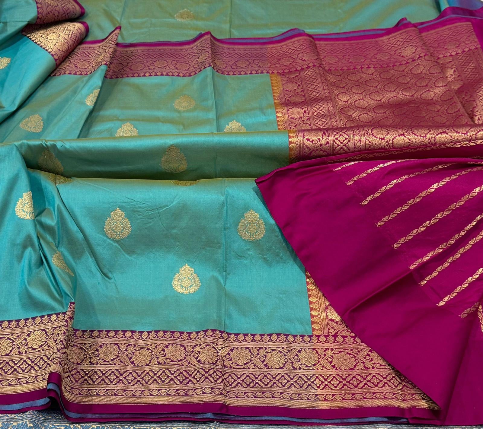 Hippie Blue Banaras Katan Saree with Mulberry Border