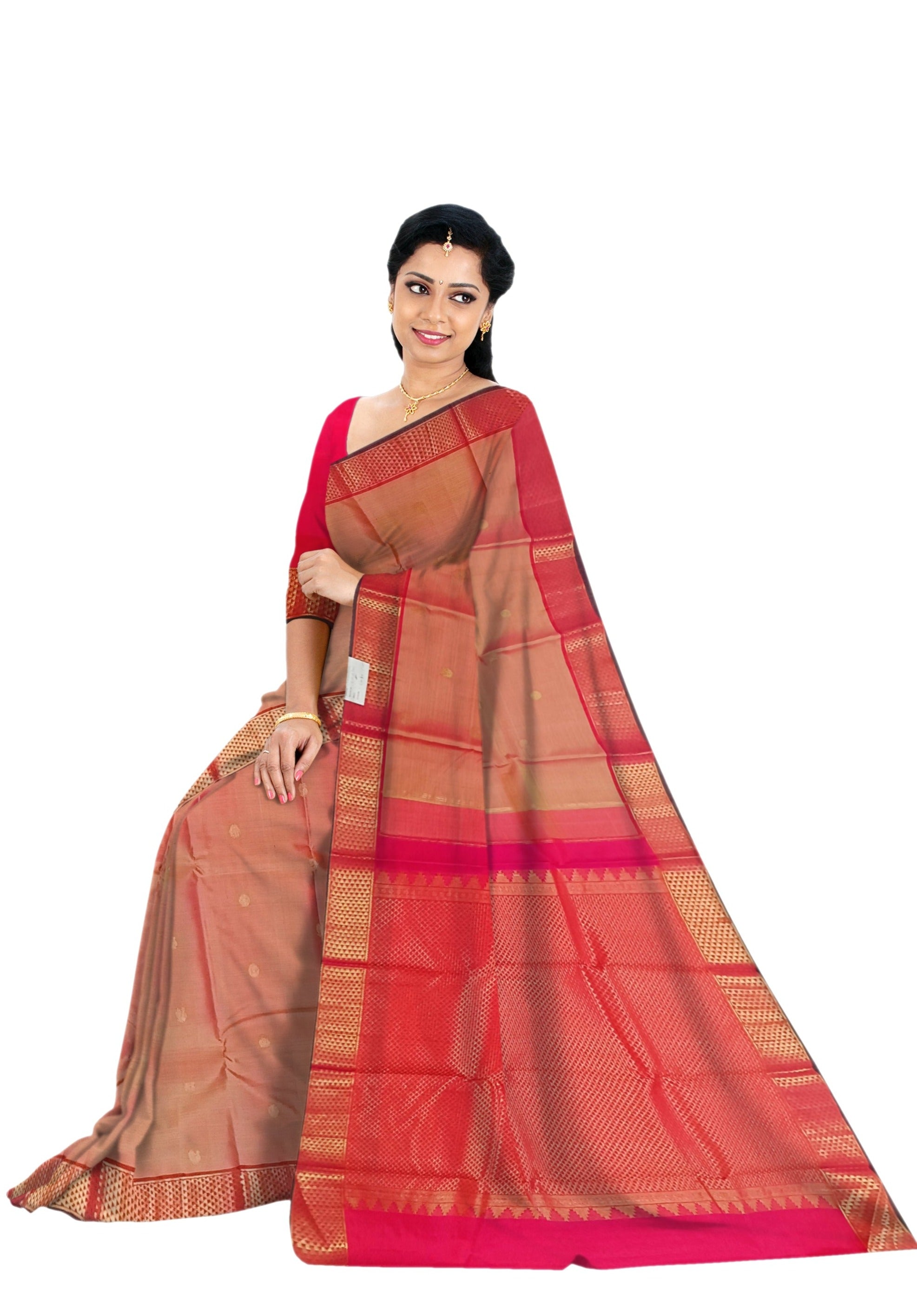 Honey Colored Kanjivaram Saree With Red Border - MIRASILKS Honey Colored Kanjivaram Saree With Red Border