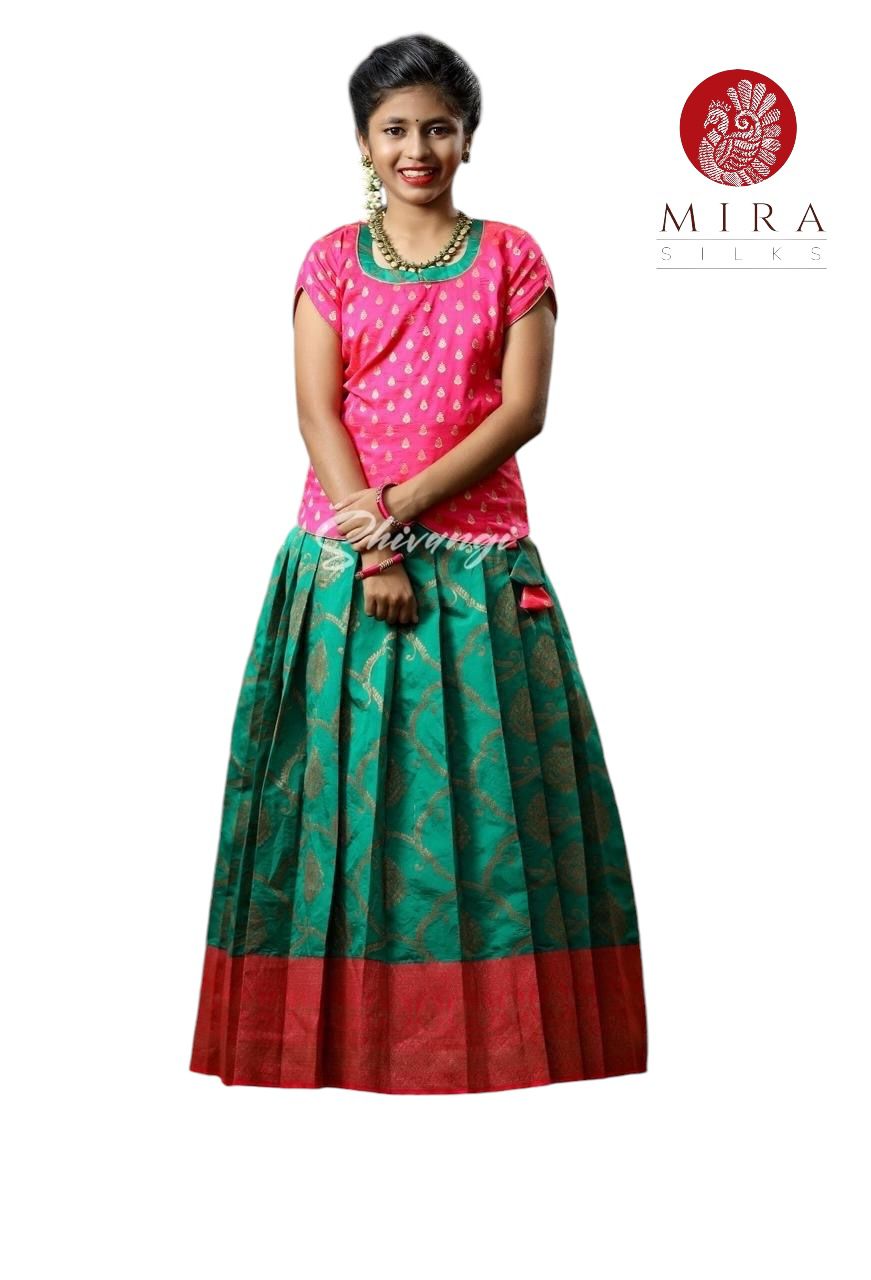 Hot Pink and Bottle Green Pattu Pavadai Set - MIRASILKS Hot Pink and Bottle Green Pattu Pavadai Set