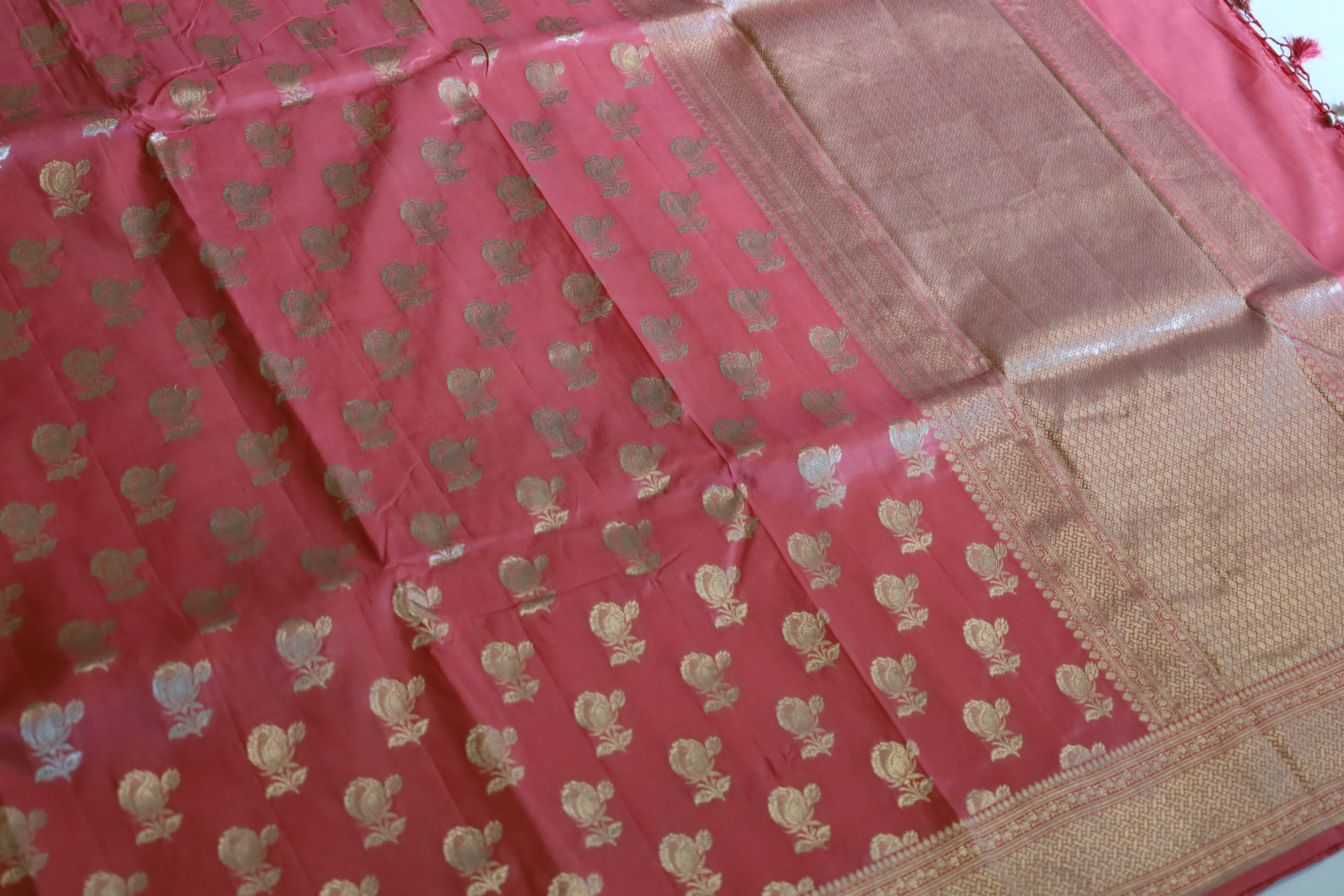 Peach Banaras Katan Jaal Saree - MIRASILKS Peach Banaras Katan Jaal Saree