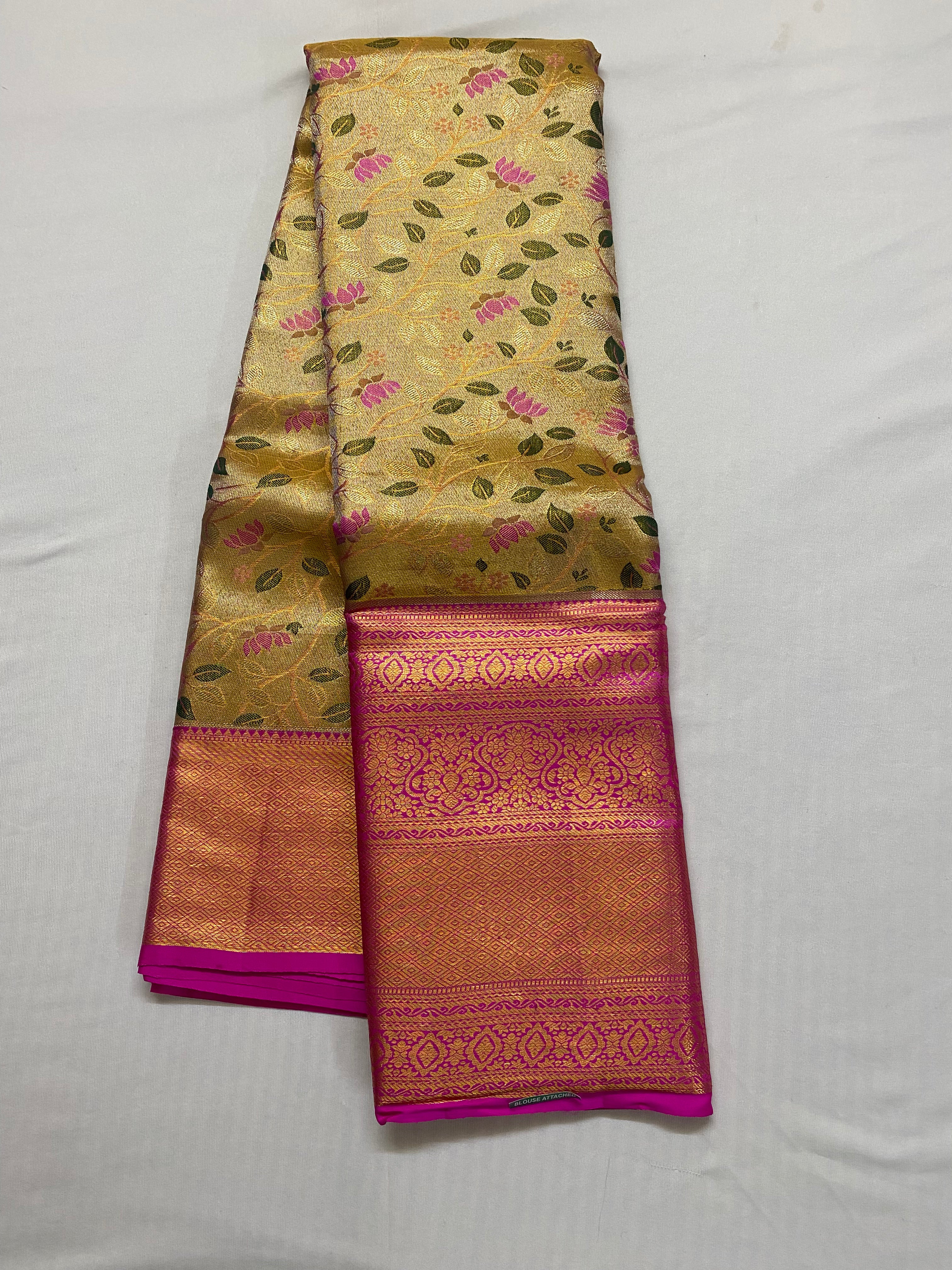 Gold tissue floral Silk Saree with Rani Pink and Zari Border - MIRASILKS Gold tissue floral Silk Saree with Rani Pink and Zari Border
