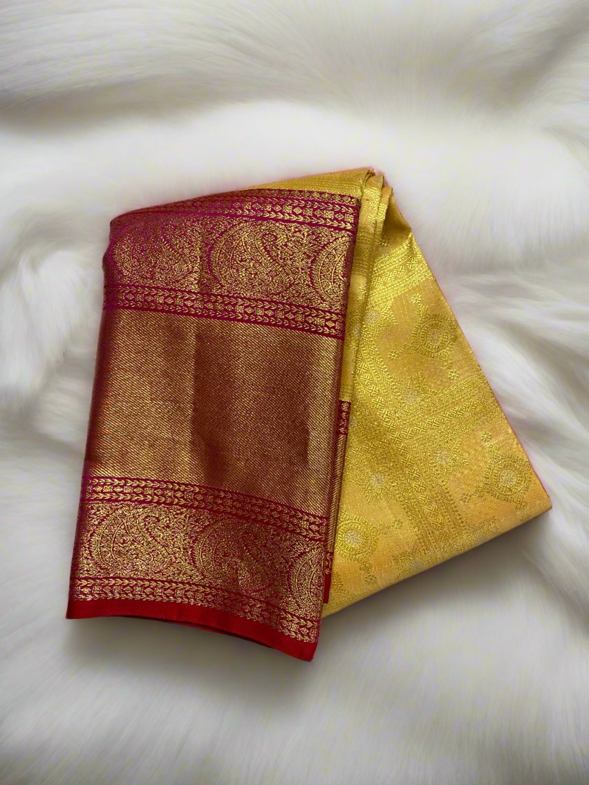 Golden Kanjivaram Saree with Brick Red Border - MIRASILKS Golden Kanjivaram Saree with Brick Red Border