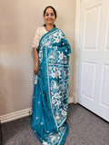 Teal Green Kantha work on Bangaluri Silk Sari