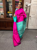 Pink color raw silk saree with Teal pallu