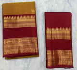 Mustard Orange Kanjivaram Saree with Deep Maroon and Golden Zari Border