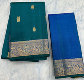 Peacock teal and Royal Blue Kanjivaram Saree with Antique gold Zari Border