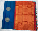 Peacock Blue Kanjivaram Saree with Orange Pallu