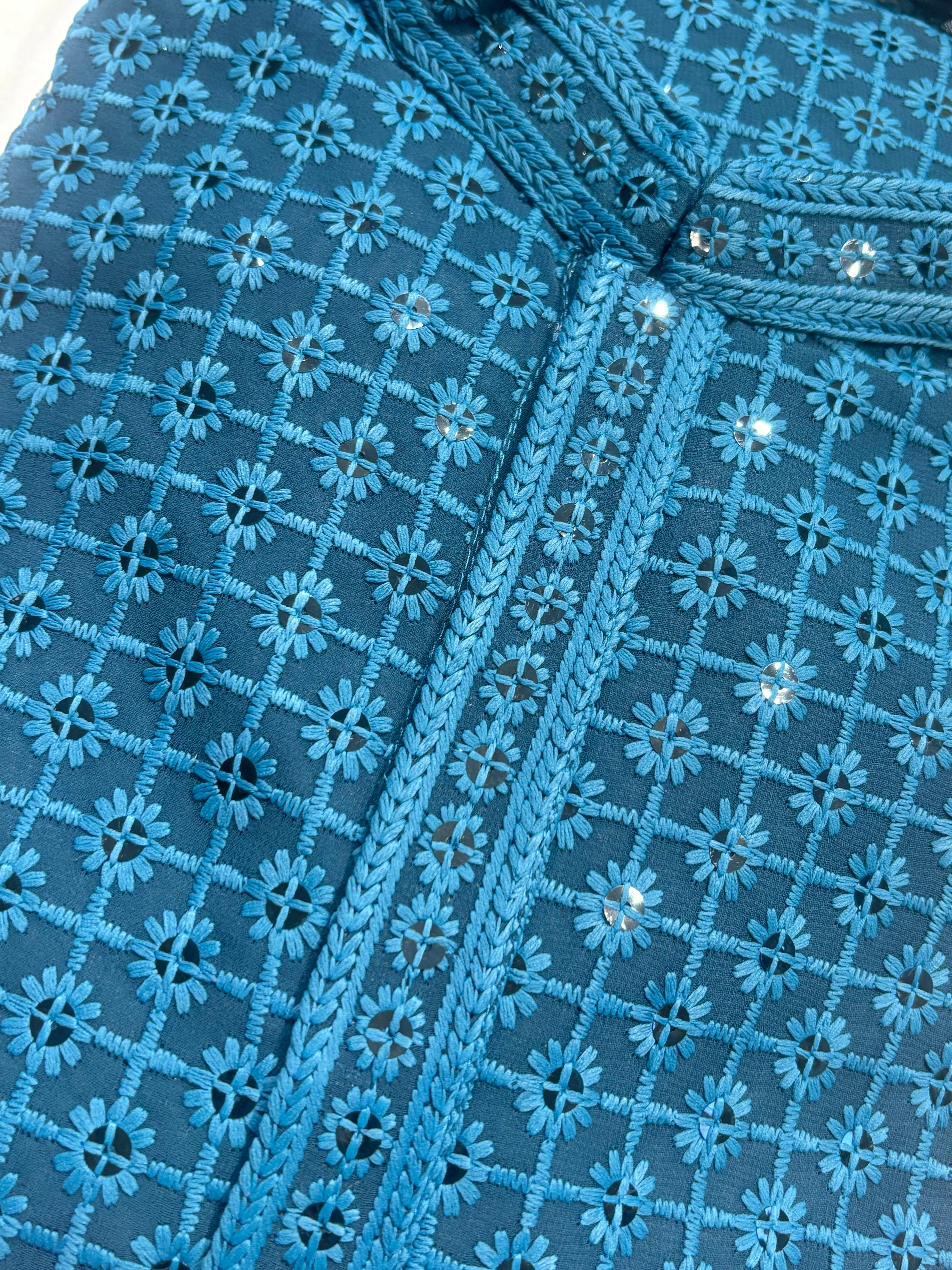 Peacock Blue Chikankari Kurta Set for Men - MIRASILKS Peacock Blue Chikankari Kurta Set for Men