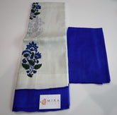 White with Royal Blue Floral print Bengal Silk Saree