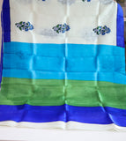 White with Royal Blue Floral print Bengal Silk Saree