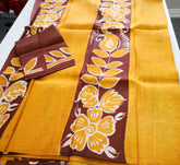 Mustard Yellow with Brown Color Floral Design Bengal Silk Saree