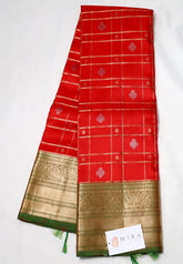 Chilli Red Checkered Kanjivaram Saree with sea green Border