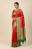 Chilli Red Checkered Kanjivaram Saree with sea green Border