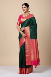 Wedding silk - Emerald Green Vintage Kanjivaram Saree with Pink Border