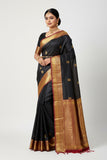 Jet Black Kanjivaram Silk Saree with Red border & Pallu