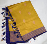 Mustard Yellow Banaras Katan Silk Saree with Blue Border