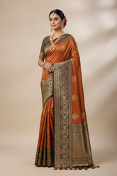 Rust Orange Banaras Tussar Silk Saree with Black Border