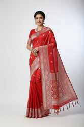 Chilli Red Banaras Chiffon Saree With Silver zari