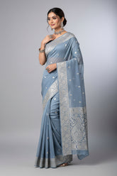 Gray Banaras Chiffon Saree With Silver zari