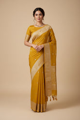 Mustard Yellow Banaras Chiffon Saree With Silver zari