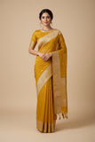 Mustard Yellow Banaras Chiffon Saree With Silver zari