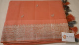 Peach Orange Banaras Chiffon Saree With Silver zari