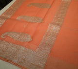 Peach Orange Banaras Chiffon Saree With Silver zari