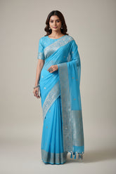 Blue Banaras Chiffon Saree With Silver zari