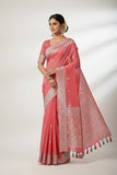 Salmon Pink Banaras Chiffon Saree With Silver zari