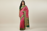 Ruby Pink Banaras Tassar Silk Saree with Green Border