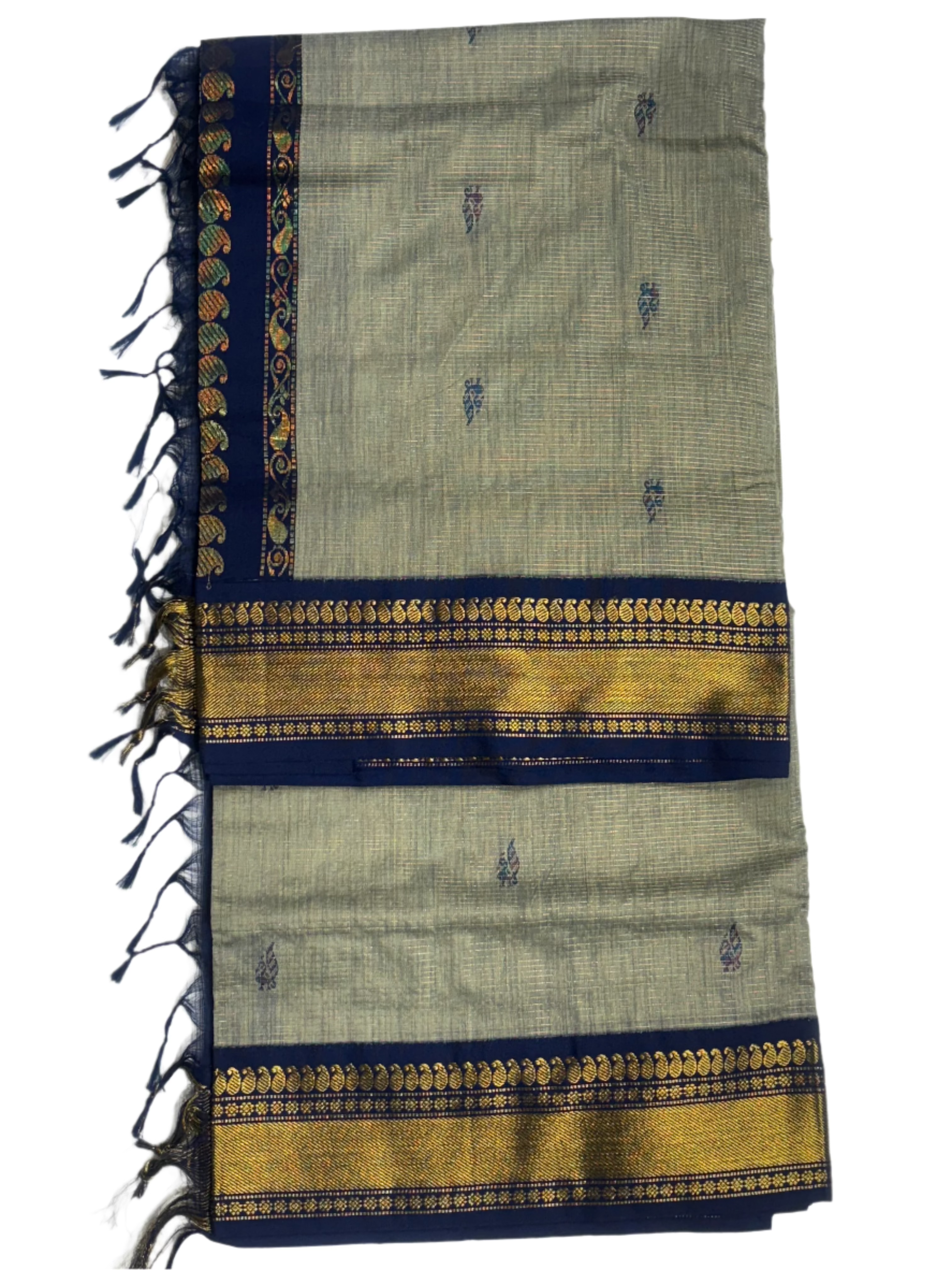 Grey with Navy Blue border Silk Cotton Saree - MIRASILKS Grey with Navy Blue border Silk Cotton Saree
