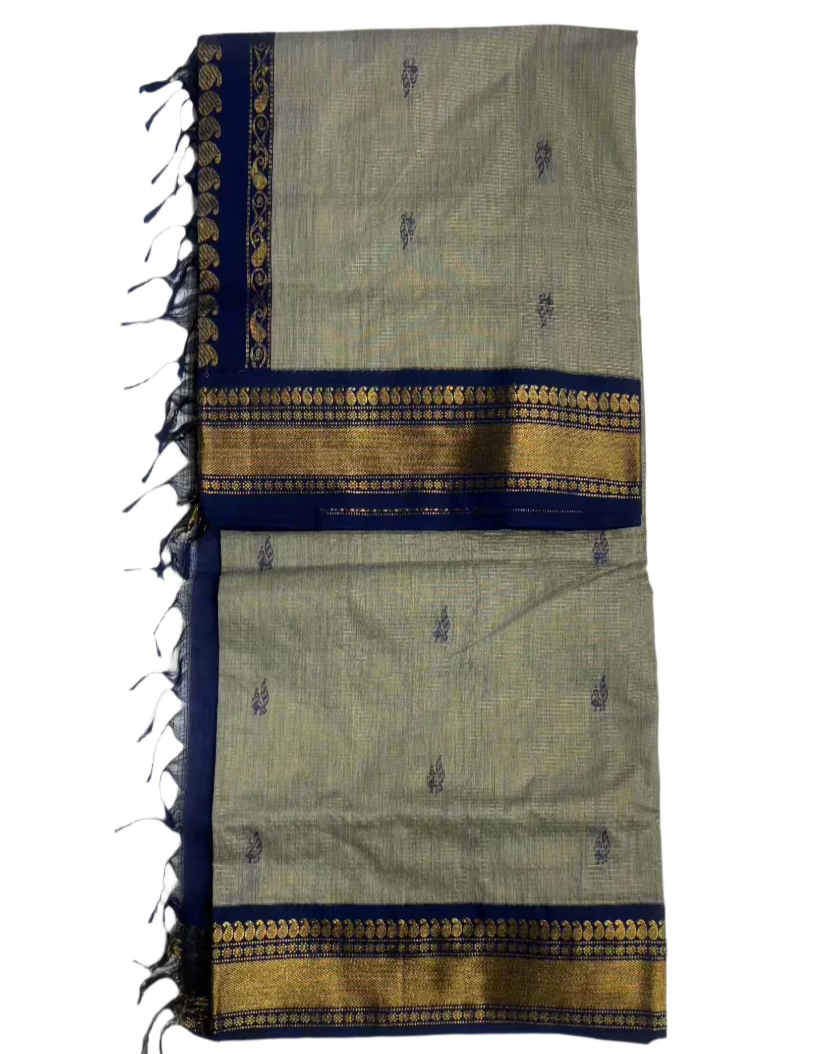 Grey with Navy Blue border Silk Cotton Saree - MIRASILKS Grey with Navy Blue border Silk Cotton Saree