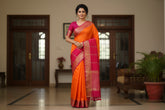 Pure Mysore Silk Orange color Saree With Pink border - Silk Mark Certified