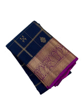 Vintage Checks Navy Kanjivaram Saree with Magenta Pallu
