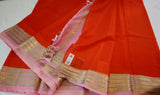 Pure Mysore Silk Orange color Saree With Baby pink border - Silk Mark Certified