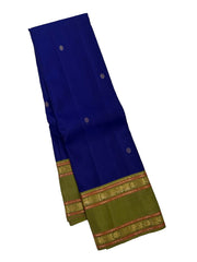 Dark Navy Blue Kanjivaram Saree with Olive Green Peacock Motif Border