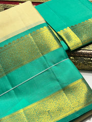 Beige Kanjivaram Saree with Sea Green and Gold Border - MIRASILKS Beige Kanjivaram Saree with Sea Green and Gold Border