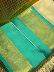 Beige Kanjivaram Saree with Sea Green and Gold Border - MIRASILKS Beige Kanjivaram Saree with Sea Green and Gold Border