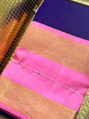 Navy Blue Kanjivaram Saree with Light Pink and Gold Border - MIRASILKS Navy Blue Kanjivaram Saree with Light Pink and Gold Border