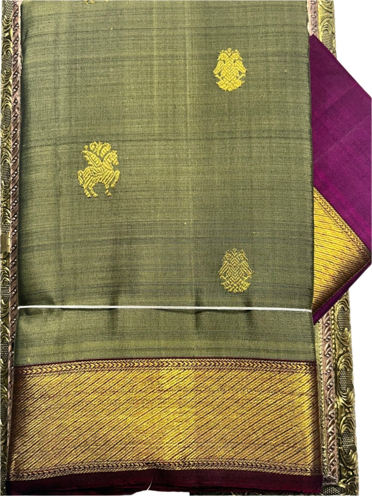 Moss Green Kanjivaram Saree with Gold and  Maroon Border - MIRASILKS Moss Green Kanjivaram Saree with Gold and  Maroon Border