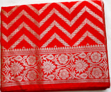 Chilli Red Semi Banaras saree with silver design border