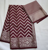Maroon Semi Banaras saree with silver design border