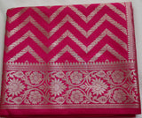 Dark Pink Semi Banaras saree with silver design border