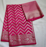 Dark Pink Semi Banaras saree with silver design border
